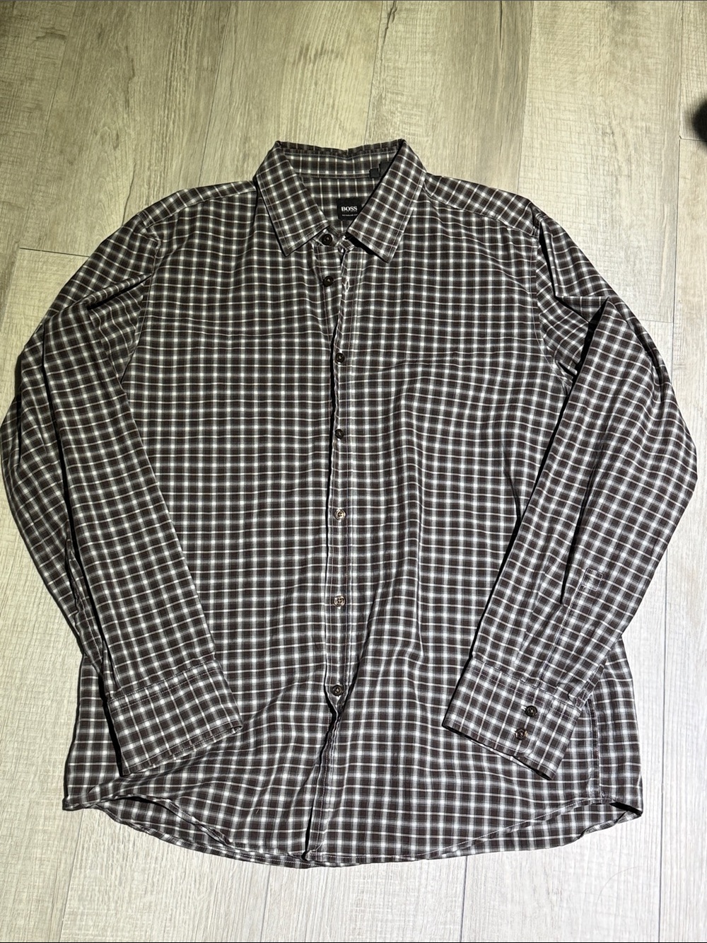 Hugo Boss Brown and White Plaid Button-Down Shirt